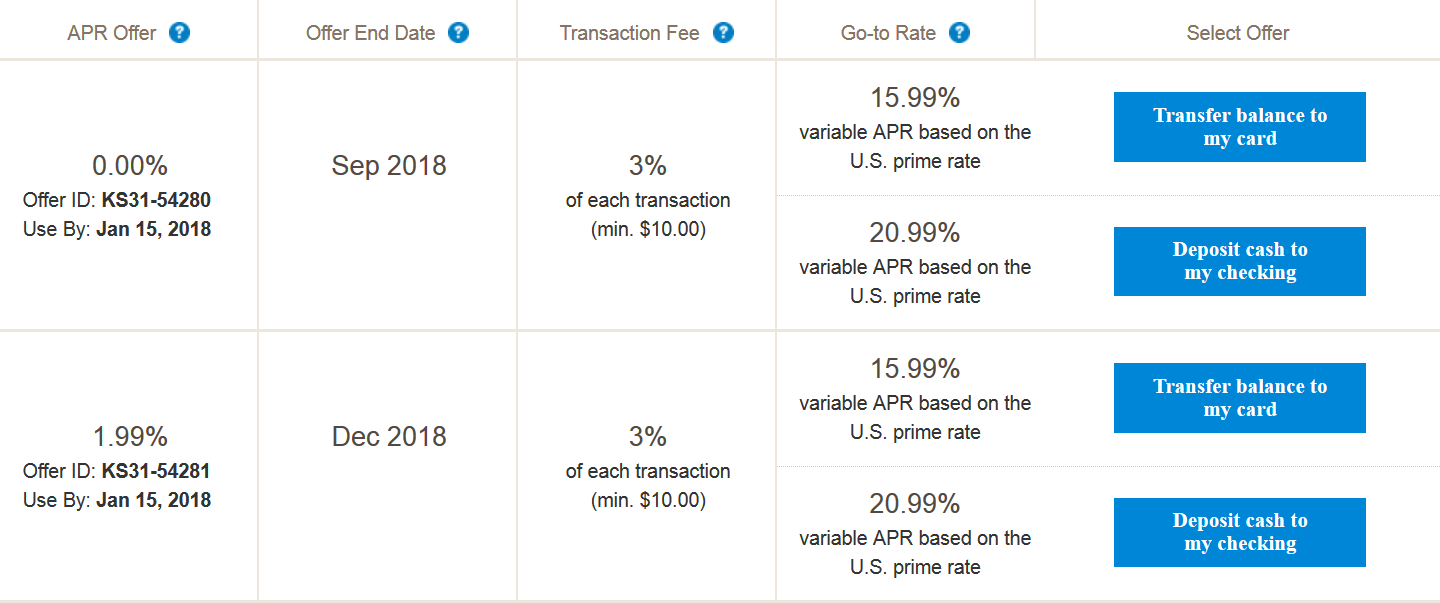 Bank of America balance transfer menu