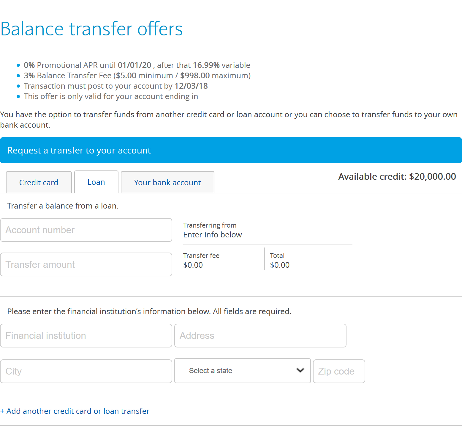 Barclaycard loan deposit form
